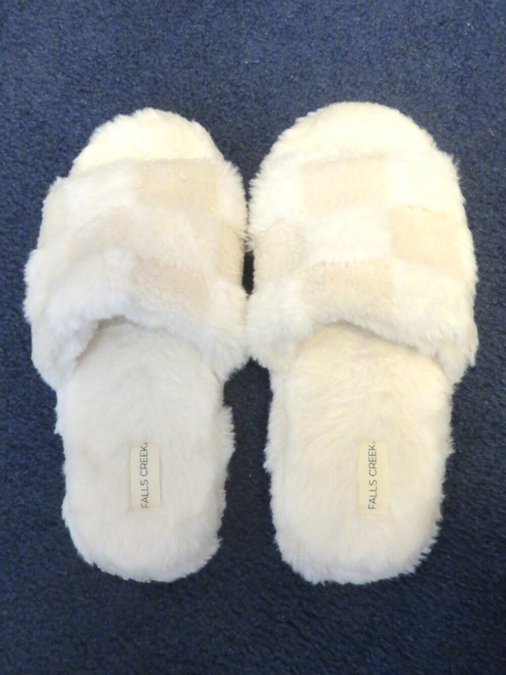 Falls Creek Cream Color Fuzzy Slippers fits size 7 and 8 M open toe